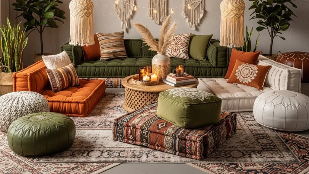 Floor seating creating a cozy boho vibe