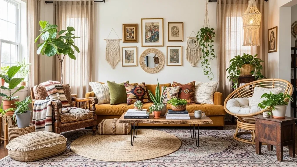 Eclectic mix of decor elements in boho style