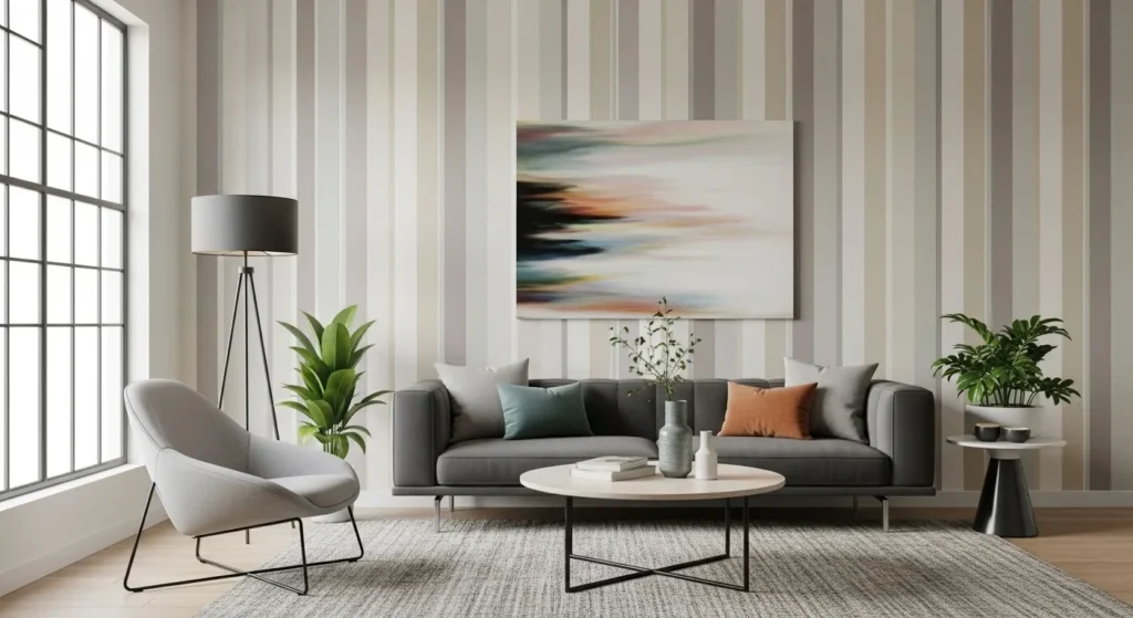 Vertical striped accent wall living room