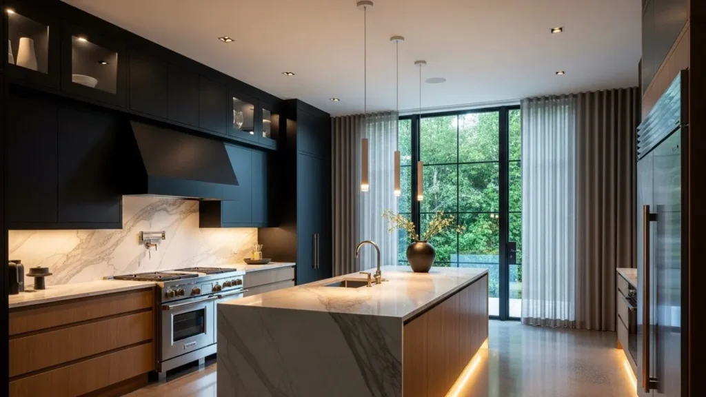 Matte black and wood two tone kitchen cabinets