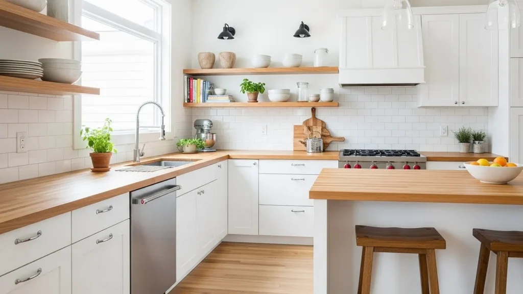 White kitchen with natural wood accents