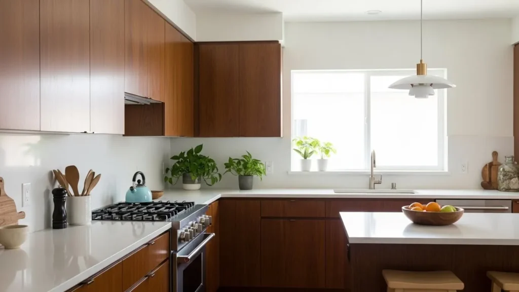Quartz countertops in mid century modern kitchen