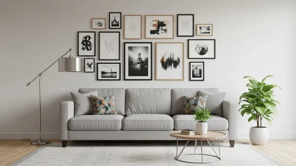 Gallery wall above sofa in living room