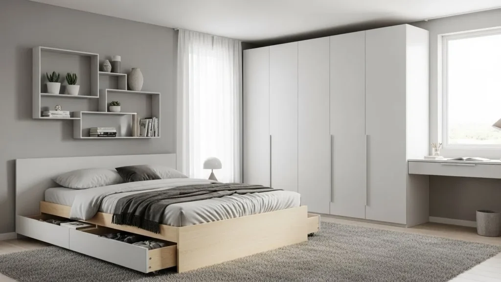 Bedroom layout focused on storage solutions