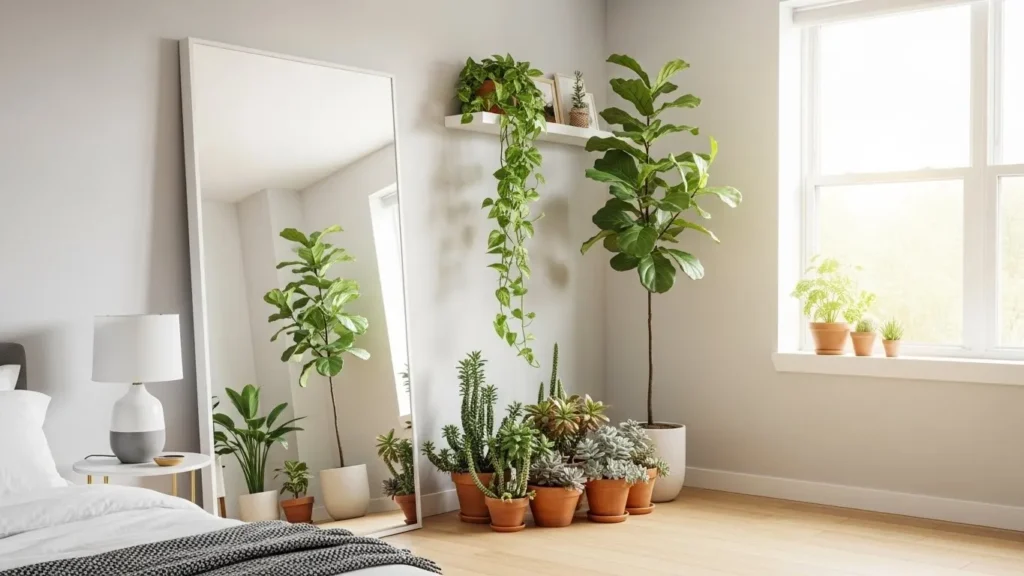 “Organic modern bedroom with full-length mirror reflecting natural light and greenery.”