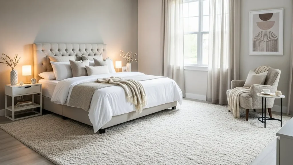 Cozy rug under bed in master bedroom