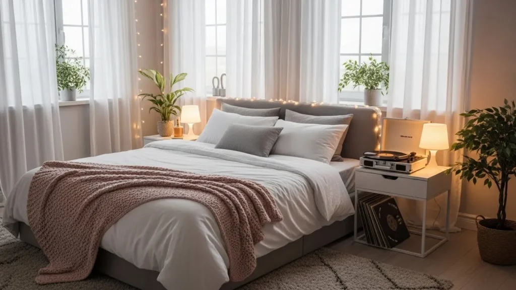 Romantic bedroom with cozy atmosphere and soft lighting