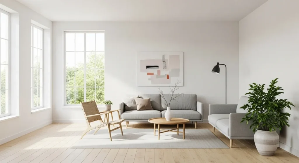 Scandinavian living room with open layout and negative space