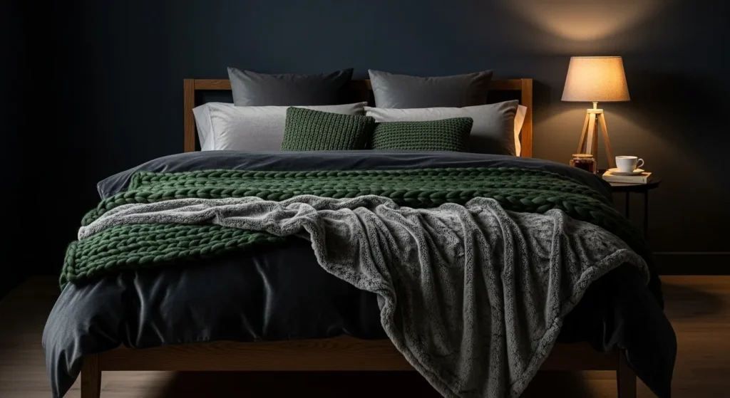 Dark cozy bedroom with layered bedding