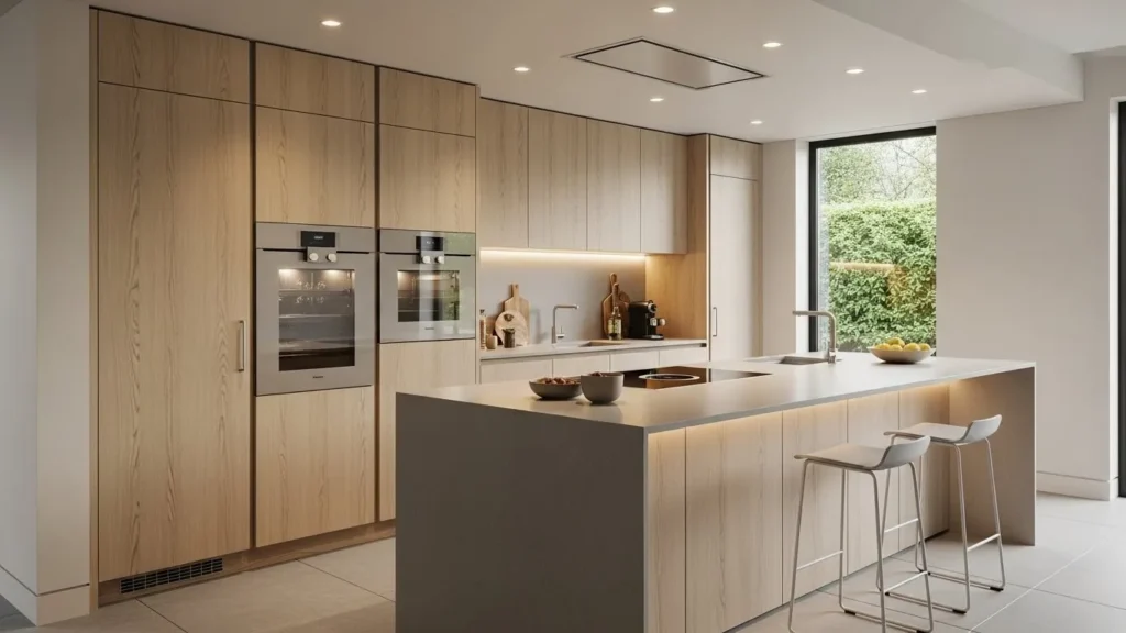 Integrated appliances blending into modern kitchen cabinetry