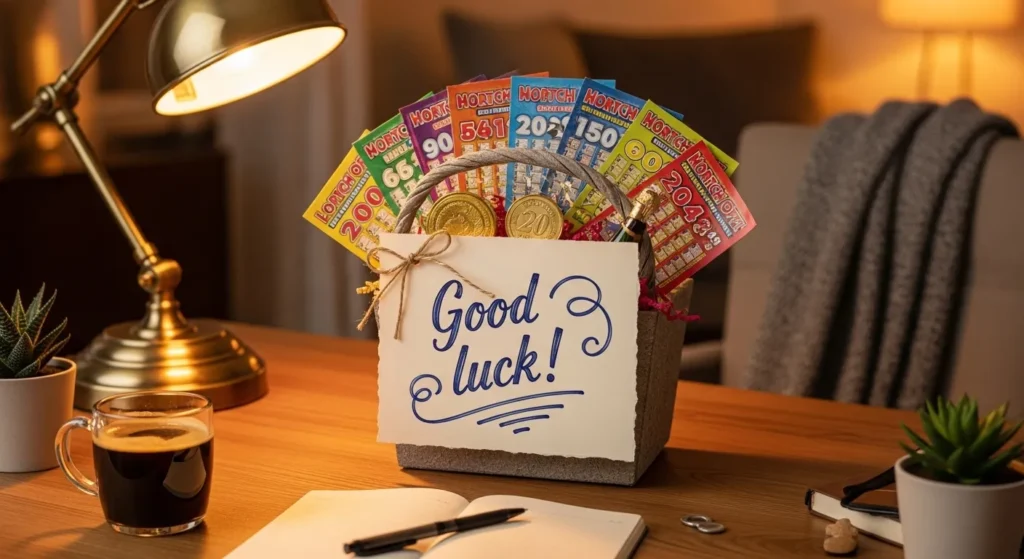 Handwritten note on a scratch off lottery ticket gift basket