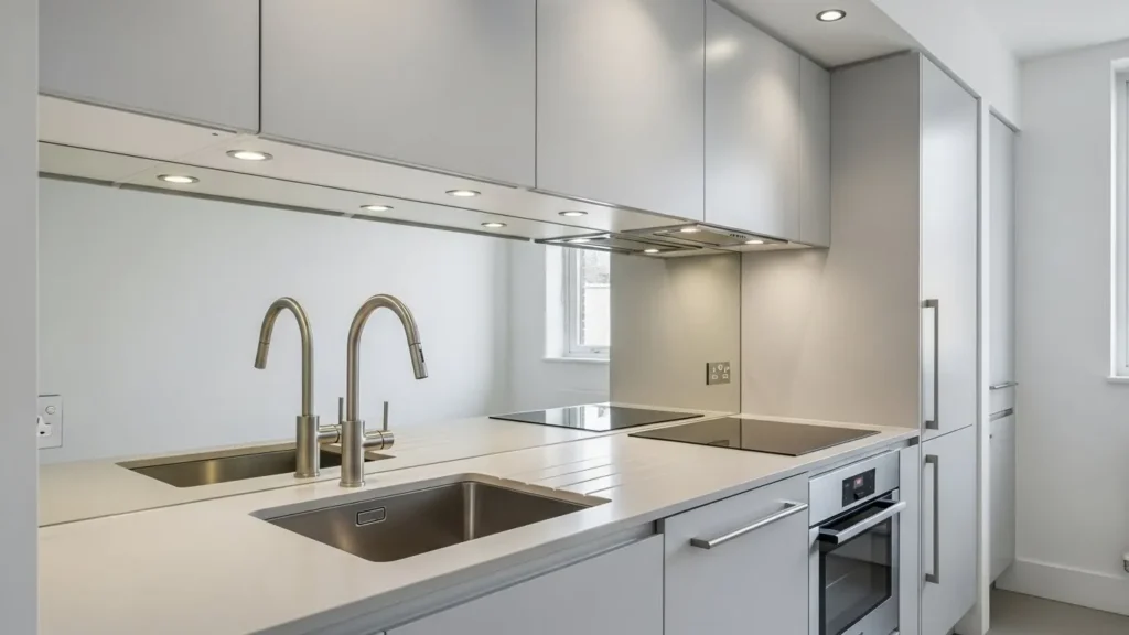 Reflective backsplash creating depth in a small kitchen