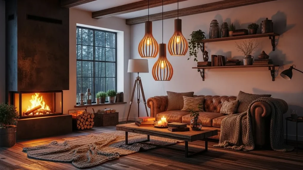 Stone fireplace in modern rustic decor