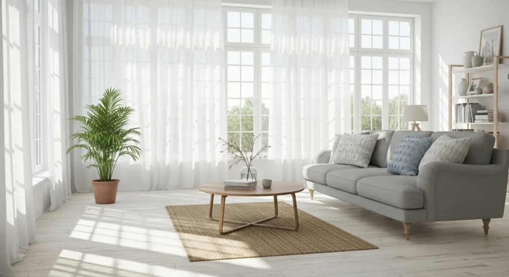 Scandinavian living room filled with natural light and sheer curtains