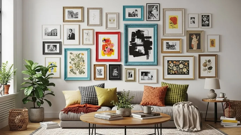 Eclectic mix and match living room gallery wall ideas