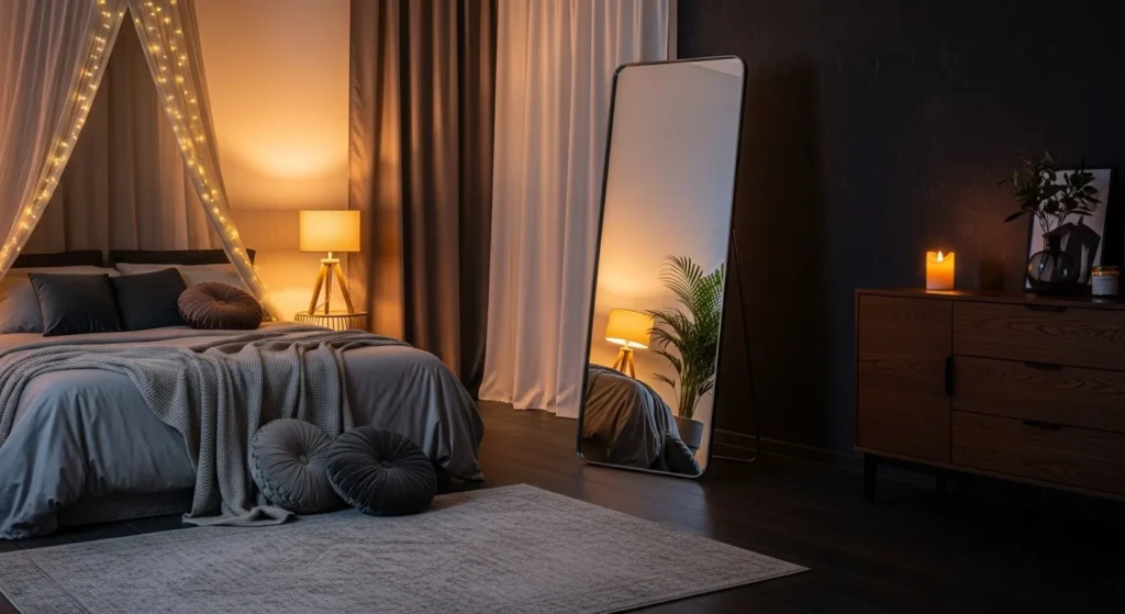 Dark cozy bedroom with floor mirror