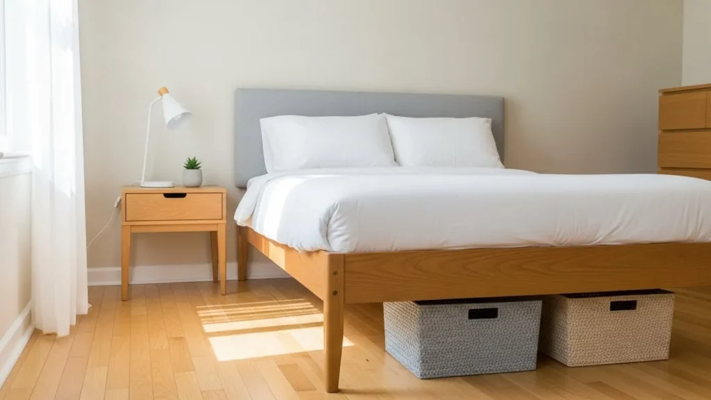 Minimalist bedroom with storage solutions and clean surfaces