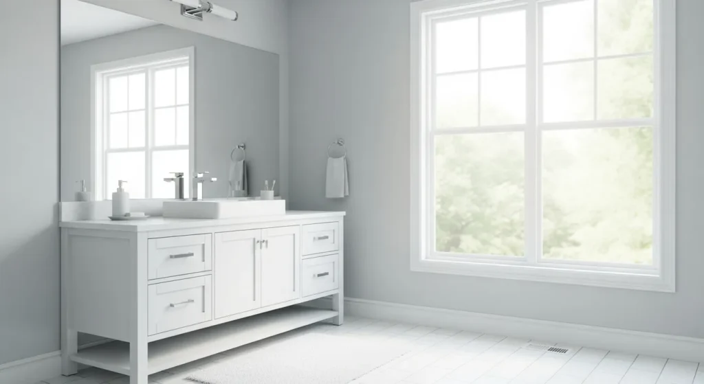 Light gray bathroom walls with white vanity