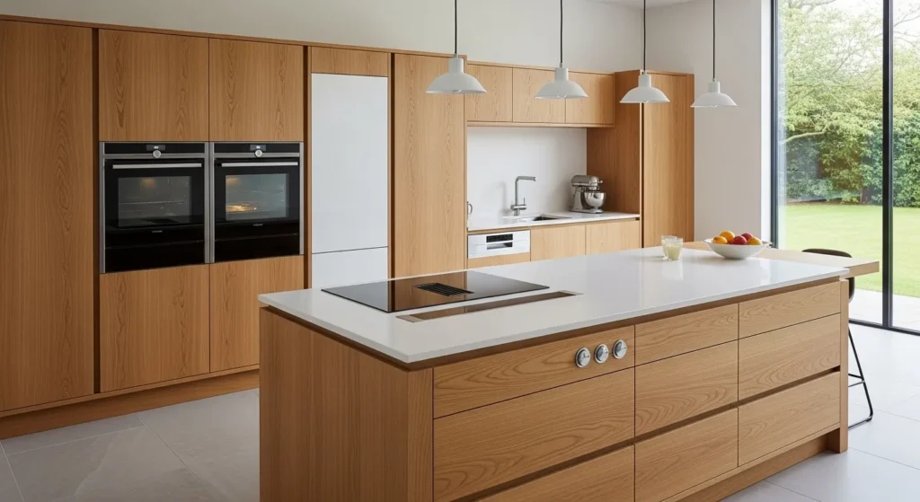 Oak cabinets with integrated appliances