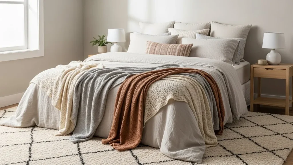 Cozy bedroom with layered textiles including sheets, pillows, and throw blankets