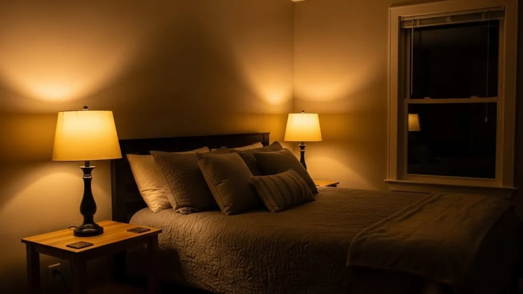 Warm lighting in a cozy guest bedroom with bedside lamps