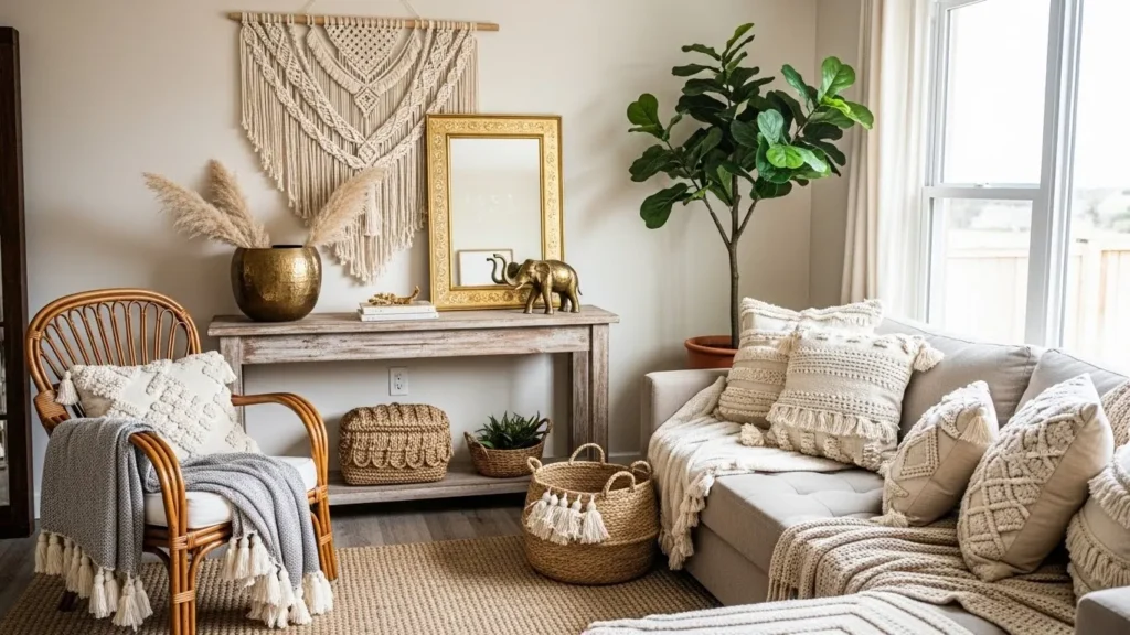Warm metal accents in boho home styling