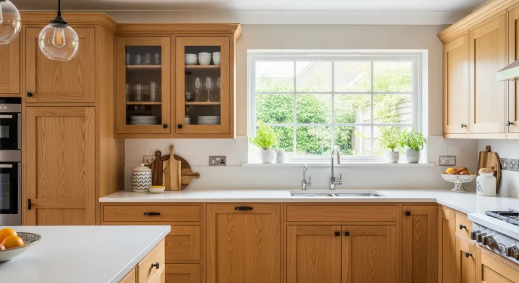 Oak cabinets with glass inserts