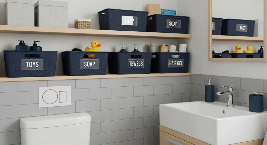 Labeled storage in boys bathroom