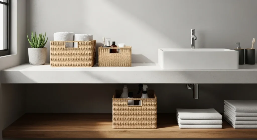 Bathroom storage baskets keeping toiletries organized