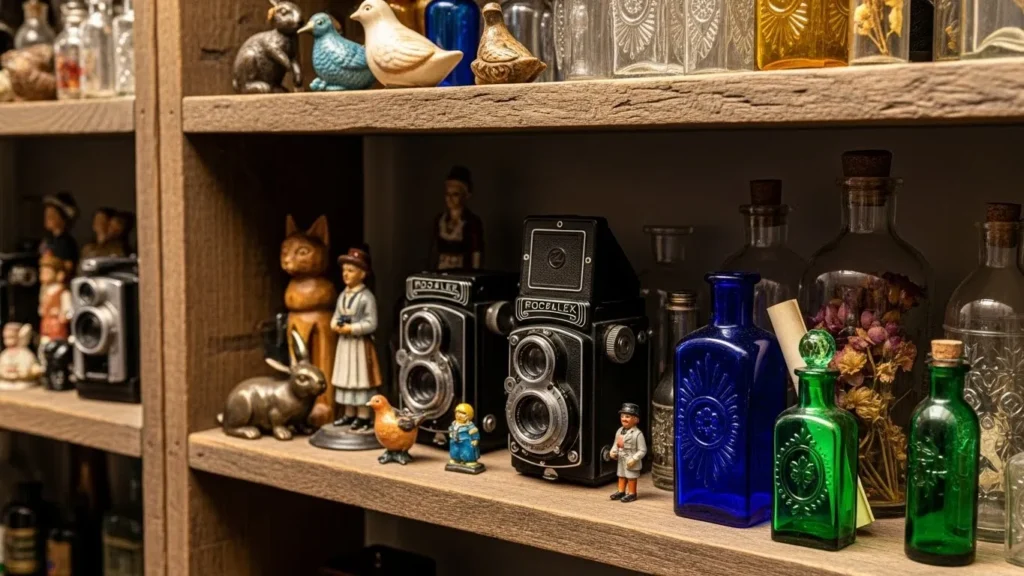 Vintage home decor featuring carefully curated collectibles on shelves