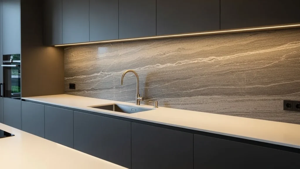 "Stone slab backsplash for seamless kitchen design"