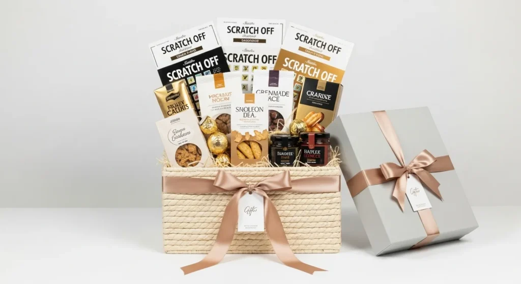 Luxury scratch off lottery ticket gift basket with premium items