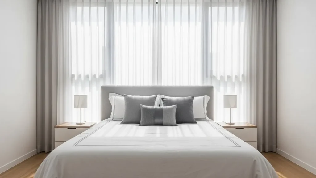 Bedroom layout with bed under window