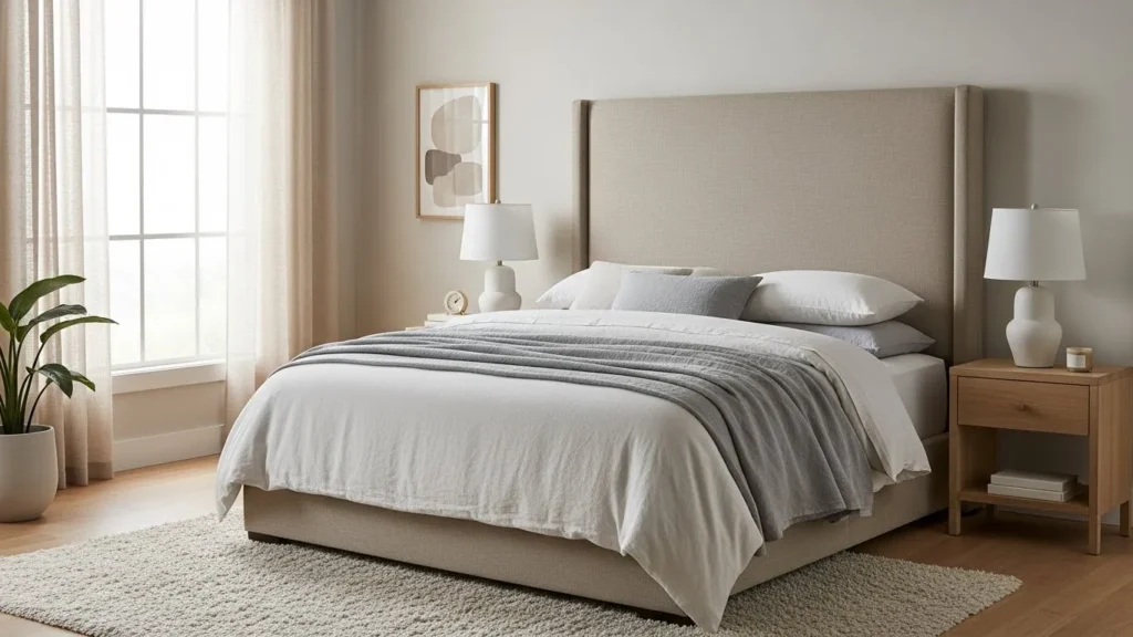 Bedroom with linen upholstered headboard