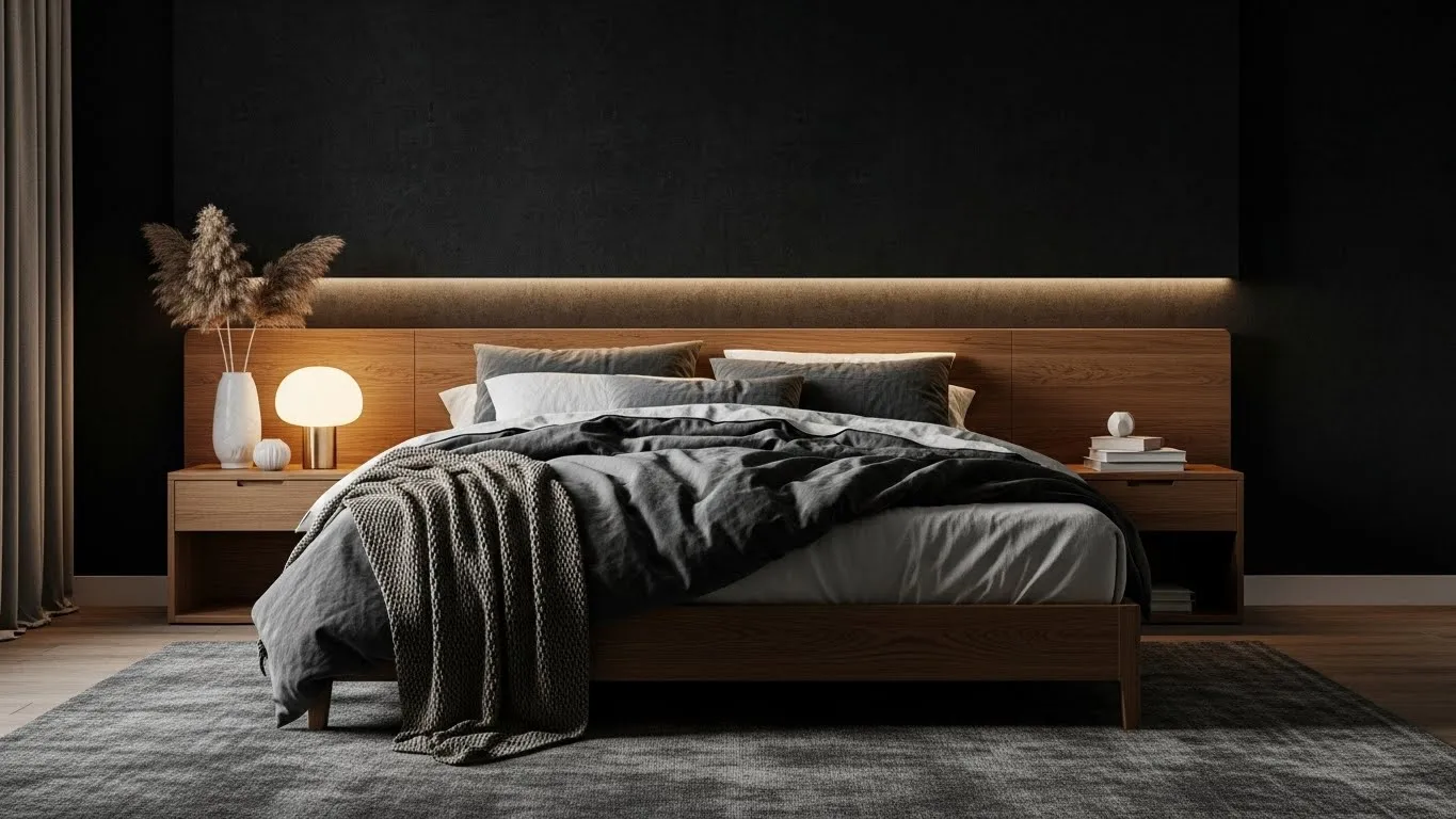 Dark moody wallpaper accent wall creating a cozy bedroom