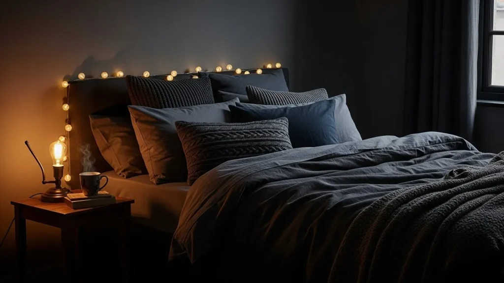 Dark bedding in cozy bedroom