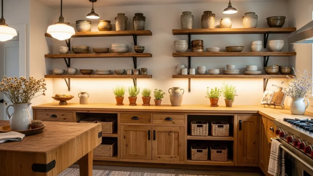Earthy kitchen with open wooden shelves displaying ceramic and clay kitchenware