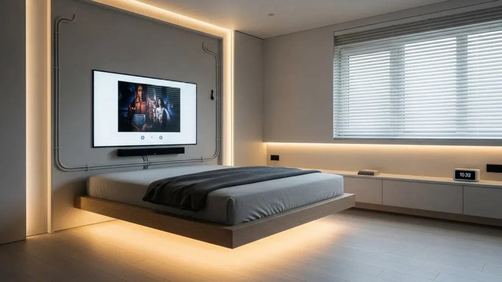 Bedroom with modern electronics and hidden cables for a clean look