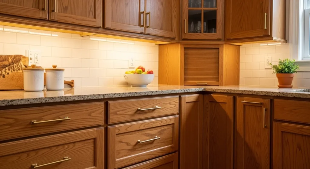 Oak cabinets with brass hardware