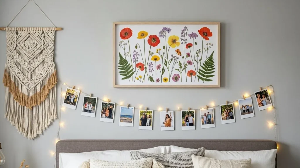 “Bedroom wall decorated with DIY pressed flowers, macramé, and photo string lights.”