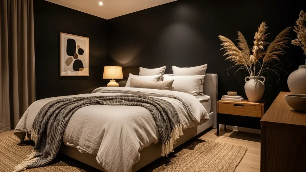 Soft black bedroom wall color with cozy modern styling