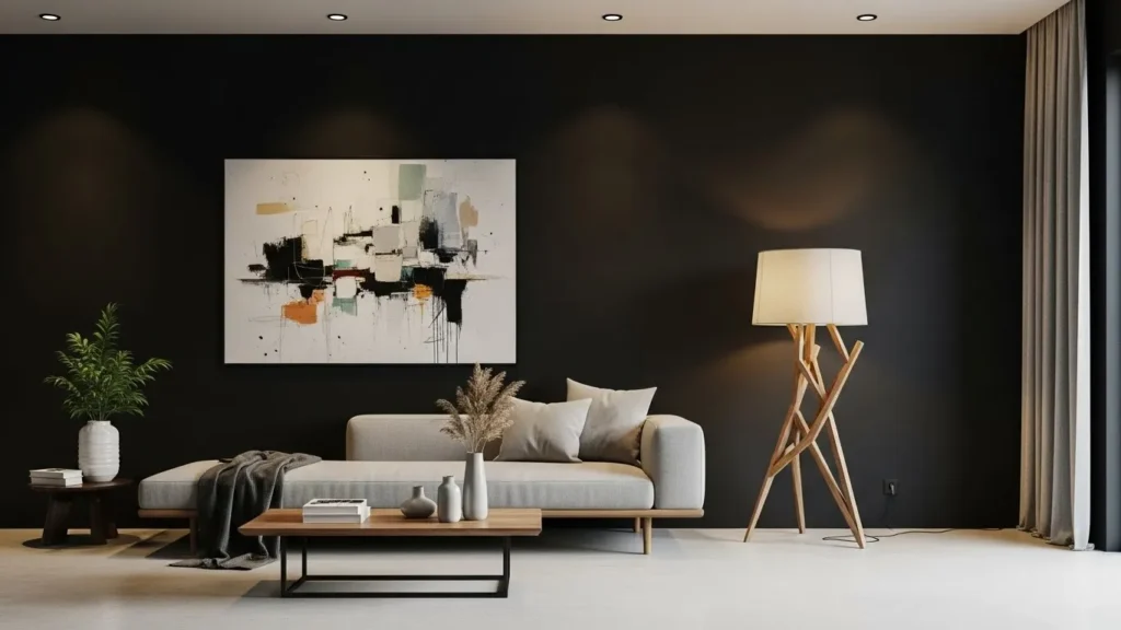 Charcoal accent wall with earthy modern decor