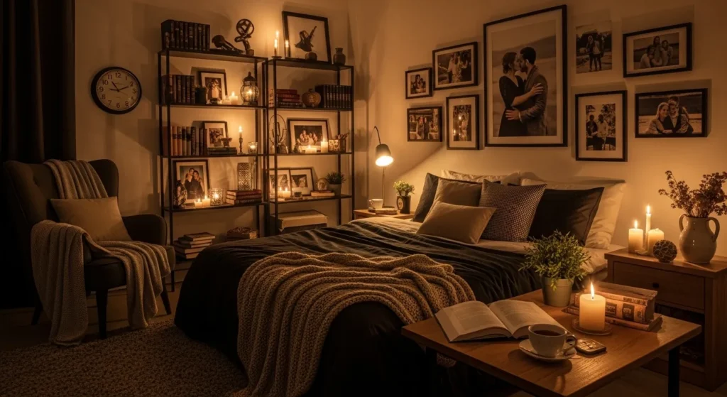 Dark cozy bedroom with personal touches