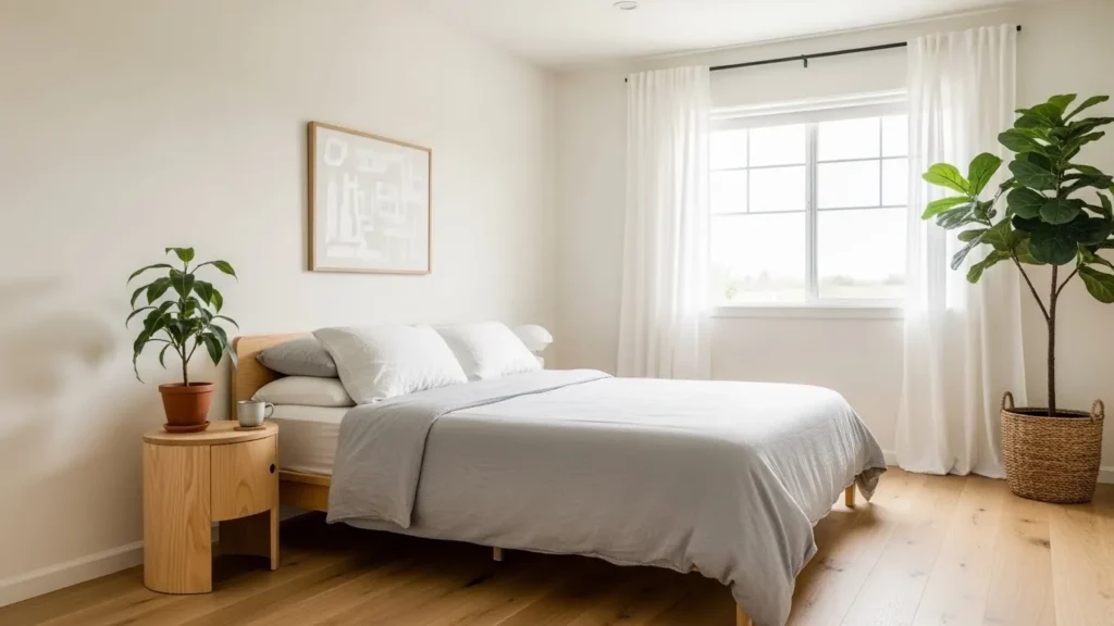 Minimalist bedroom featuring indoor plants for a calm feel