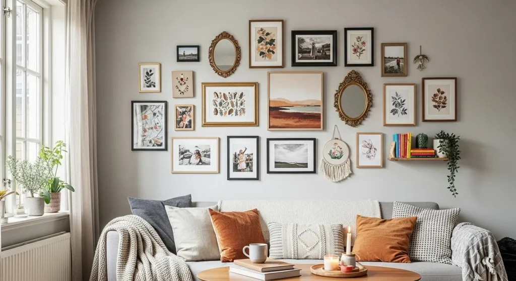 Personalized DIY gallery wall decorating a cozy home interior