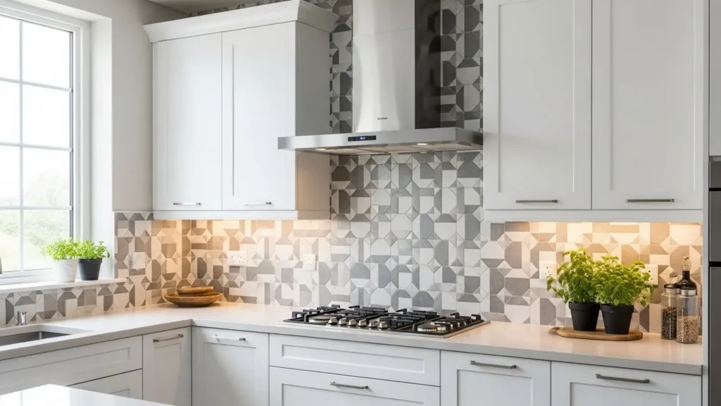 Geometric patterned kitchen backsplash