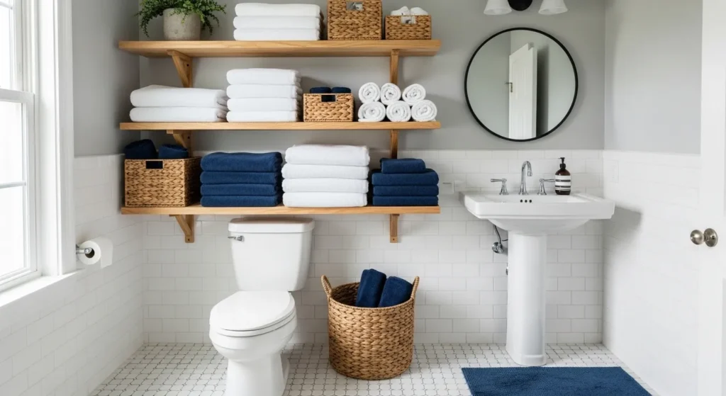 : Open shelving storage in boys bathroom