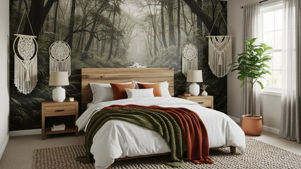 Bedroom walls with nature-inspired artwork and wooden decorations