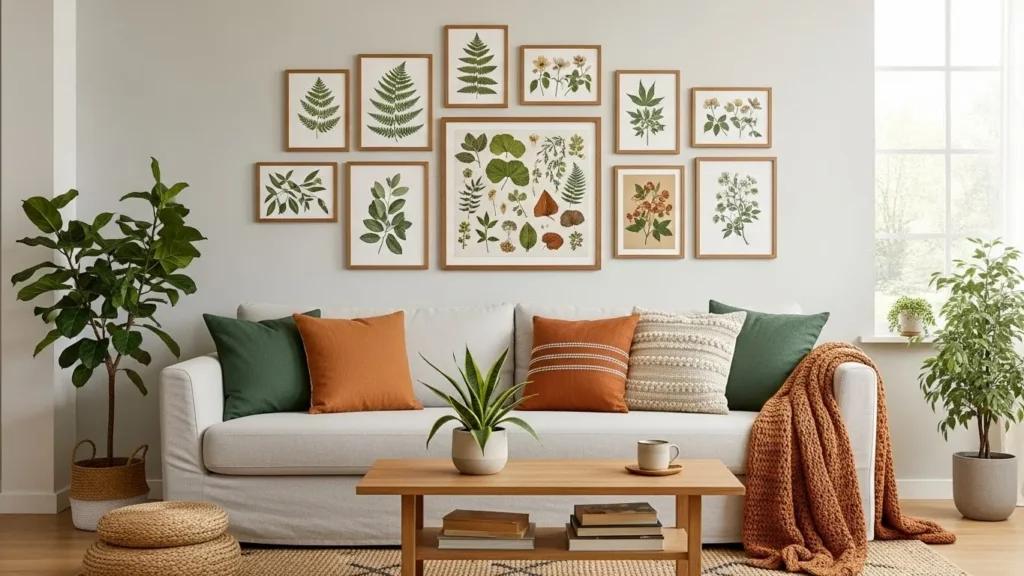 Nature inspired living room gallery wall