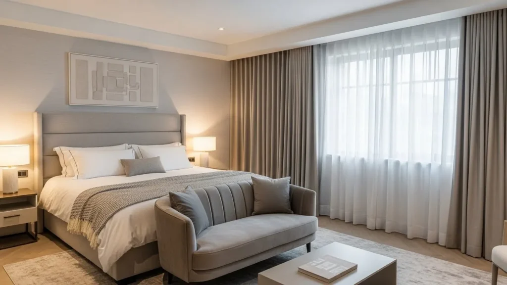 Small couch at the foot of the bed in a modern bedroom